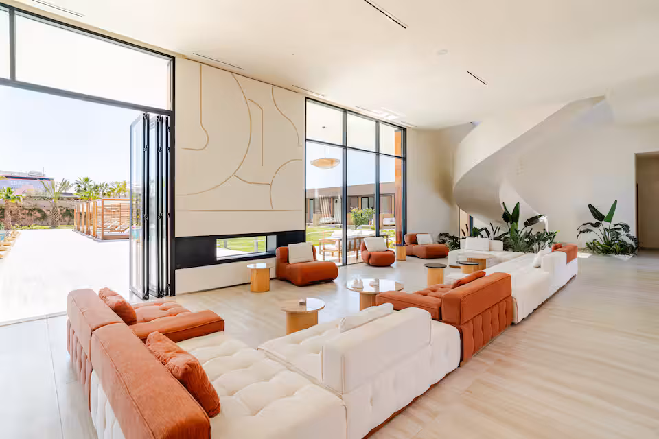 Bright seminar room with wood floors and presentation space